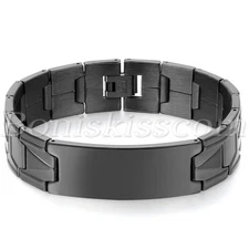 Fashion Polished Black Stainless Steel Mens Bracelet Chain Wrist Link Engravable