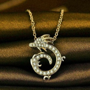 Authentic Dragon Shape Charm Pendant Necklace 2Ct Moissanite 14K Gold Plated Free Chain