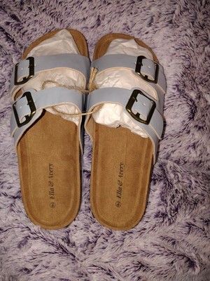 Elle & Jery Women's Blue Double Buckle Adjustable Slide Sandals US 9 M