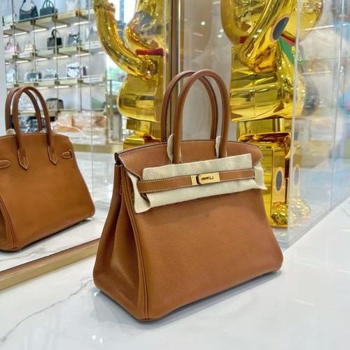 Auth Hermes Birkin 30 Gold  Leather Gold Hardware Top Handle Bag-