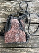 Leather Hand tooled Mexican Tote Purse Black Brown Floral Vintage Style Boho