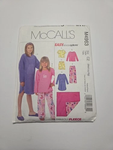 McCalls Easy Pattern M4963 Size CZ Med-Lrg-Xlg Girls Pajamas And Blanket Uncut