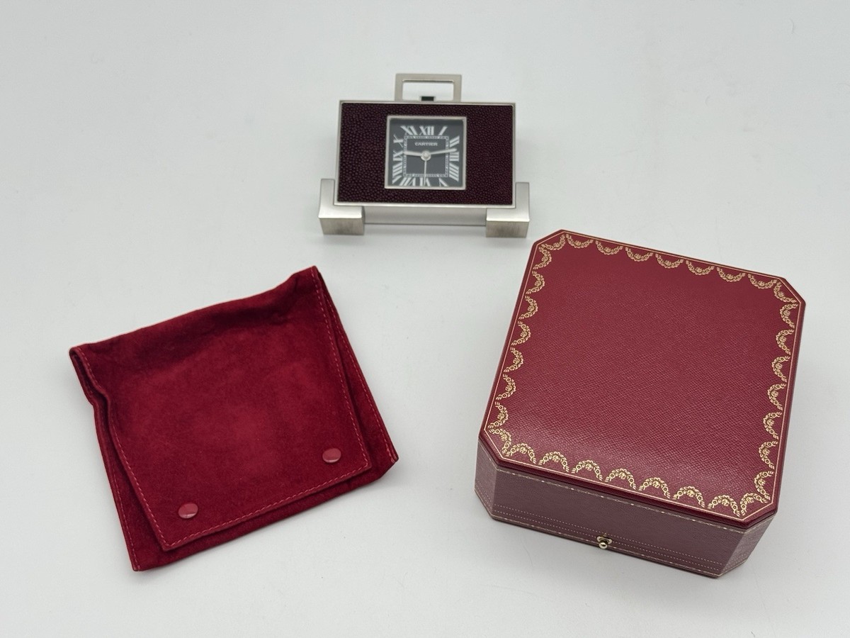 CARTIER SHAGREEN & STEEL ART DECO STYLE ALARM DESK CLOCK NEW 100