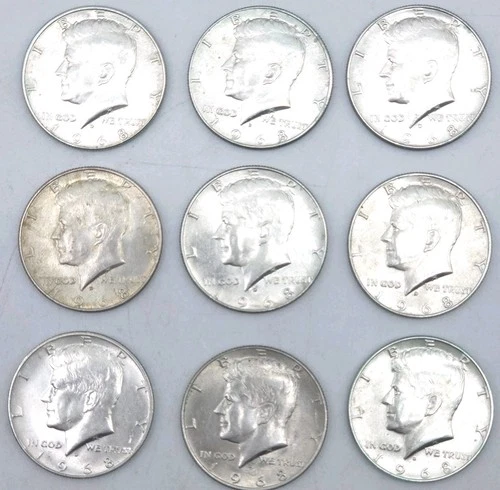 (Lot of 9) 1968-D Kennedy Half Dollar 40% Silver Lot AU/UNC Proof-Like Toning