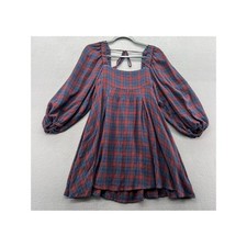 Urban Outfitters Dress Plaid Babydoll Mini Red Navy Square Neck Balloon Sleeve S