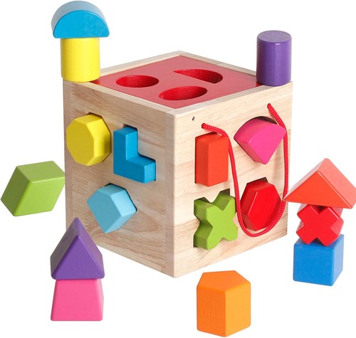 BESTAMTOY Shape Sorter Toy My First Wooden 12 Building Blocks Geometry...