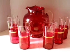 Vintage Cranberry Flash Glass Pitcher and Tumblers Set