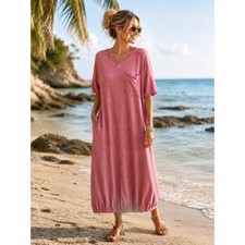Free People FP Beach L Pink Linen Blend Knit Maxi Dress Short Sleeve Loose Light