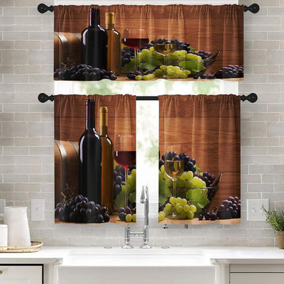 Red Wine Kitchen Window Curtains Valance and Tier Set 36 Inch, Grapes Glasses