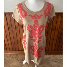 Meadow Rue Anthropologie Tan Tunic Shirt/Dress Red Embroidery Short Sleeve Med