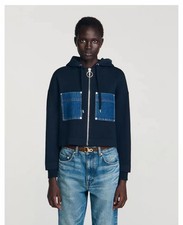 Sandro Womens Denim patchwork Zipper Hooded k...