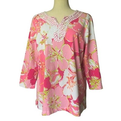 Coastal Preppy Chic Floral Tunic Top M Embroidered Neckline Palm Beach Blouse