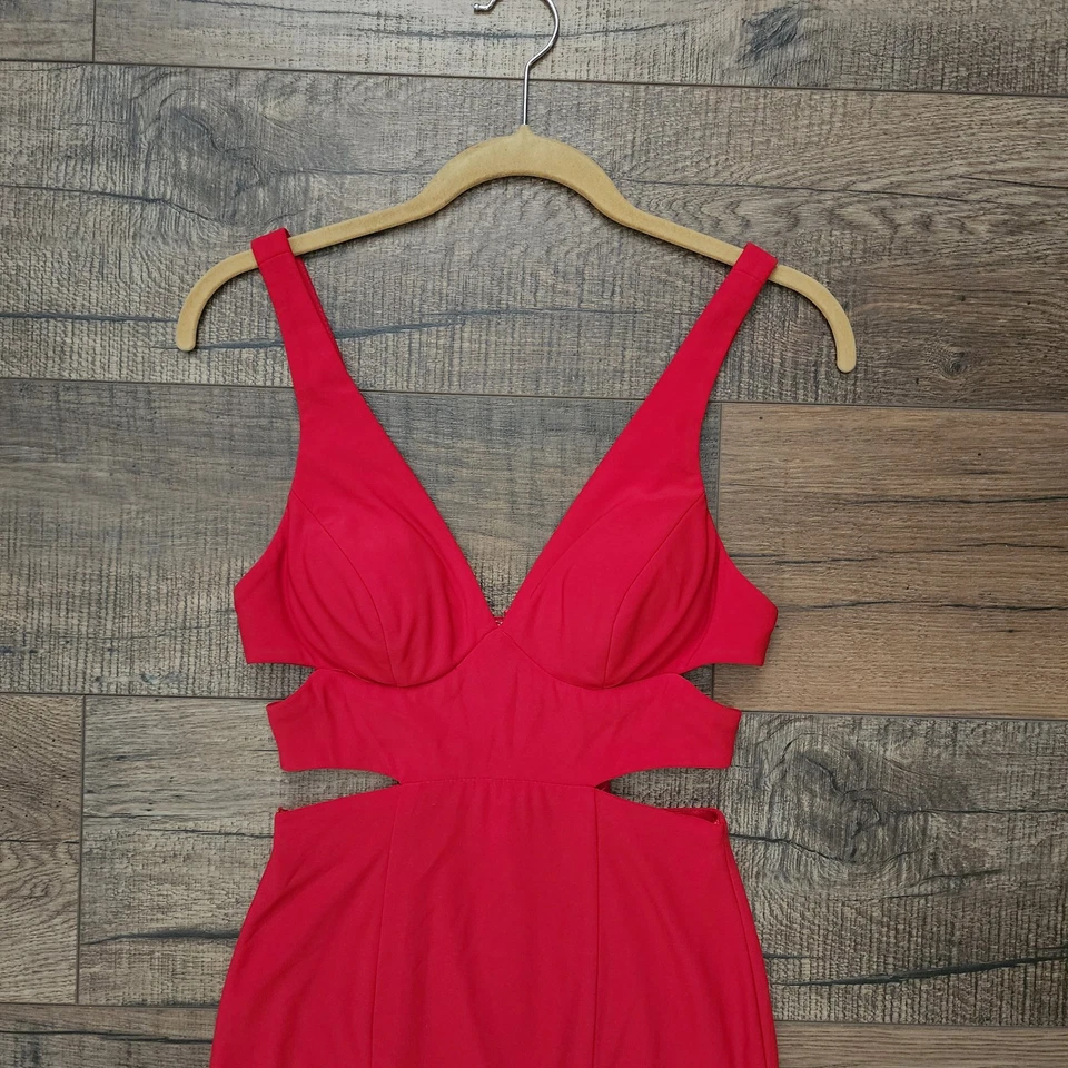 Vestido Faviana Rojo Elástico Corte Jersey Baile de graduación Vestido Cuello en V Recortes laterales Talla 0 Foto 4 de 4