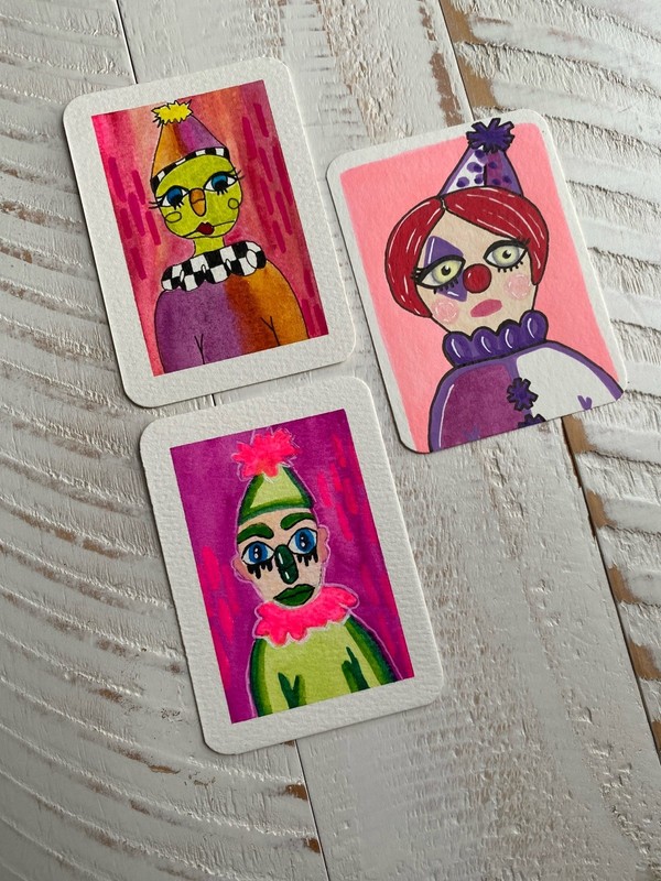 ACEO ORIGINAL  clown whimsical Miniature Art OOAK DOODLEALLADAY