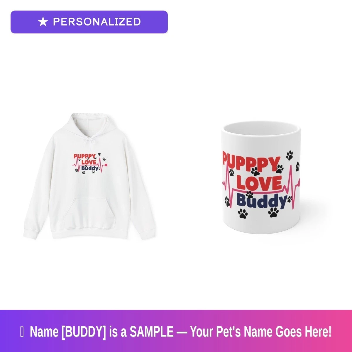 Custom Dog Paw Gift Set Hoodie Mug Personalized Pet Name 4th of July Gift