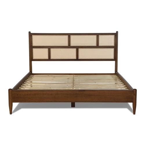 Mid Century Modern Platform Bed Frame with Headboard King Size Solid Wood Brown