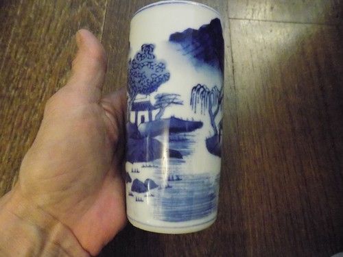 Antique Vtg Chinese Blue White Porcelain Brush Pot 5" Village Scene Mountains - Picture 5 of 11