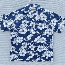 Hilo Hattie Hawaiian Shirt Adult Large Floral Mens L Blue Cotton Made in USA