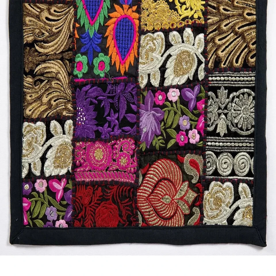 Indian Cotton Patchwork Table Runner Embroidered Dining Black Table Tapestry - Image 2 of 3