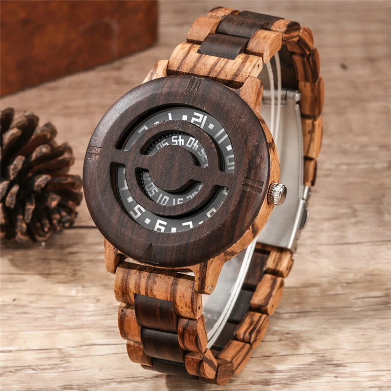Montre bracelet homme moderne en bois de santal cadran pivotant quartz bracelet