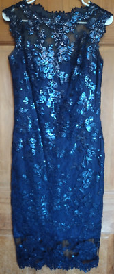 Tadashi Shoji Sequin Lace Cocktail Dress Size 6 Navy Blue Embroidered Sheath