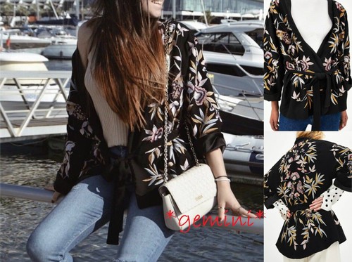 Zara Kimono Chaqueta Bordado Floral Cinturón Belted Bordada Chaqueta Talla  S M L | eBay