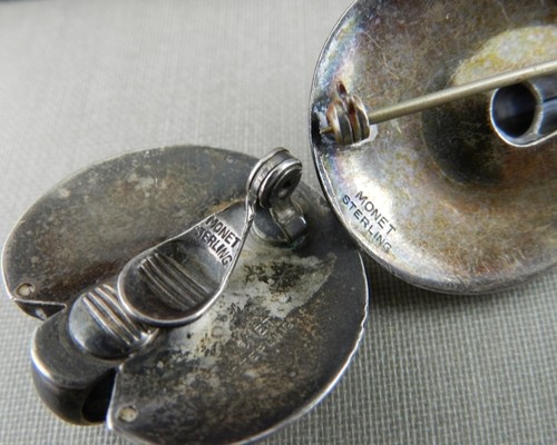 Signed Designer Monet 925 Sterling Silver Brooch Pin & Clip On Earrings Set - Picture 3 of 5