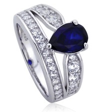 11mm Platinum Plated Silver 1.75ct Sapphire Pear CZ Wedding Engagement Ring