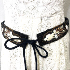 BELT Vintage Handbeaded on Leather Carved Turtles Glass Beads Shells Tie Strings