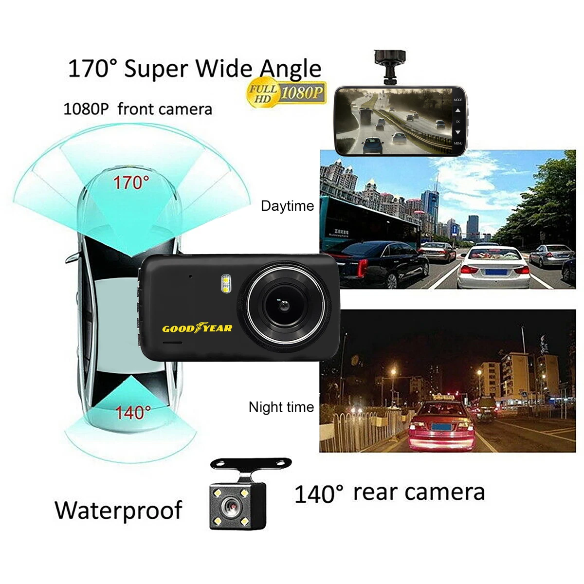 Goodyear 1080P Dual Lens Car DVR Front and Rear Camera Video Dash