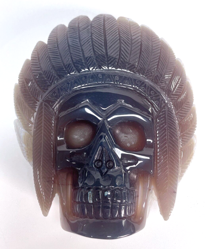 6.9" Geode Agate Crystal Skull, Hand Carved Gemstone Fine Art Sculpture, Reiki - Picture 4 of 10