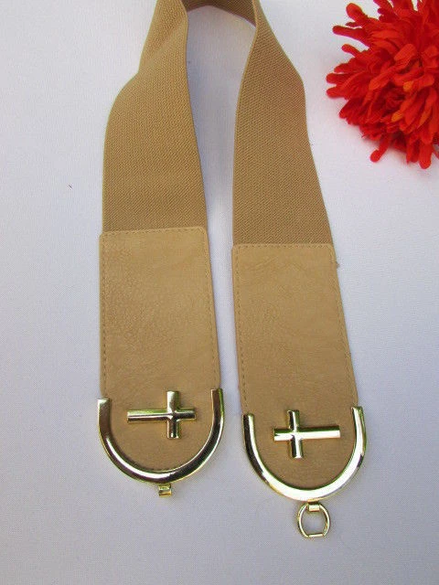 WOMEN WAIST HIP BEIGE WAISTBAND ELASTIC FASHION BELT GOLD CROSS BUCKLE SIZE S M - Image 3 of 4