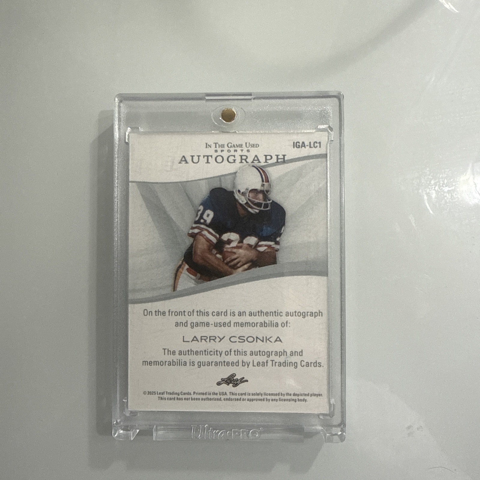2025 Leaf in the Game Used Auto Relic Larry Csonka (Au Mem)  view 2
