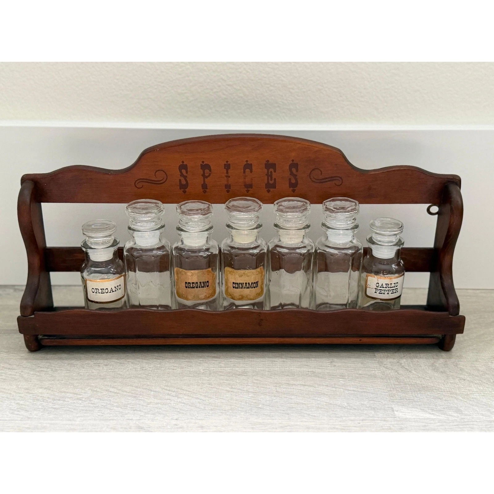 Vintage Wooden Spice Rack with 7 glass apothecary-style jars