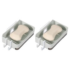 2 Pcs Self-Adhesive Shower Soap Holder with 2 Bottom Tray and 4 Hooks, White