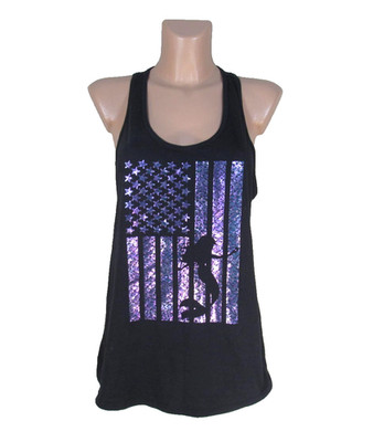 IDEAL Size XXL Black Racerback Tank Top Foil American Flag & Mermaid Graphic