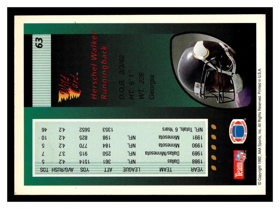 1992 Wild Card Herschel Walker #63 Minnesota Vikings 5 Stripe - Image 2 of 2