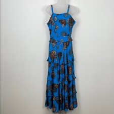 Party Aqua Blue Boho Embroidered Floral Flowy Women's Ruffle Tier Maxi Dress
