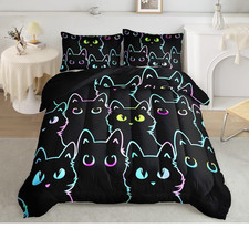Twin Neon Cat Bedding Set Black Polyester Comforter  Pillowcase Machine Wash
