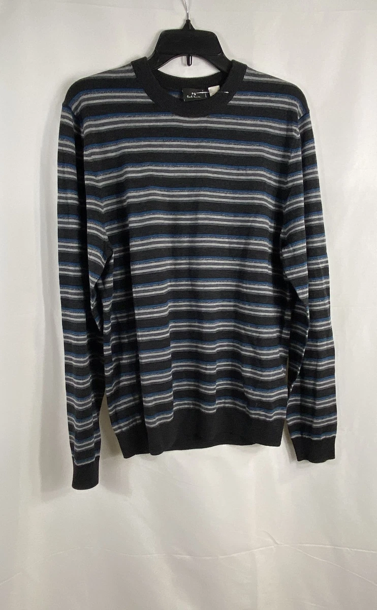 Paul Smith Men's Black Blue Striped Merino Wool Crewneck Sweater