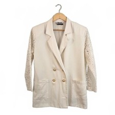 Vintage 90  s Cream Lace Sleeve Double Breasted Blazer Retro Feminine Work