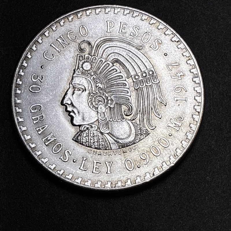 BU 1947 Mo Mexico CINCO 5 Pesos Silver Cuauhtemoc 30 Gramos Ley .900 Cinco Pesos