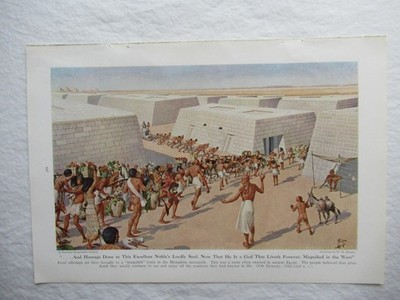 1941 Egyptian Food Offering to Tomb Color Art Print 10x7'' Painting by H.M Herget