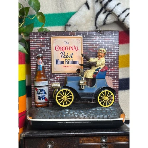 Vintage 1960s Pabst Blue Ribbon Beer Jalopy Lighted Bar Sign