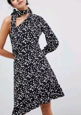 Asos Polka dot Dress Women Off Shoulder Assemetric Party Black Bow Tie UK 10 NWT