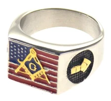 Mason Ring Stainless Steel Compass Square G Geometry USA Flag Silver SS Gift
