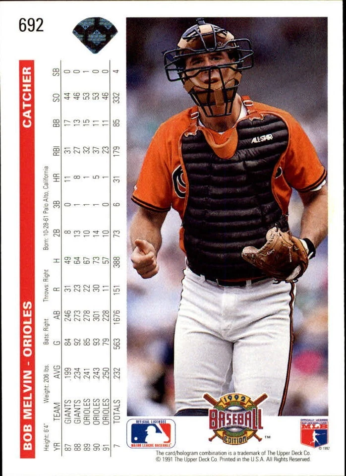 Bob Melvin 1992 Upper Deck MLB #692 Baseball Card Baltimore Orioles - Image 2 of 2