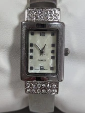 Pearlized Dial Silver Tone Crystal Accent Rectangle Case Open Cuff Band Watch