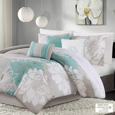 Madison Park Lola Sateen Cotton Comforter Set 7 Pc Set Queen $170 Aqua/Grey