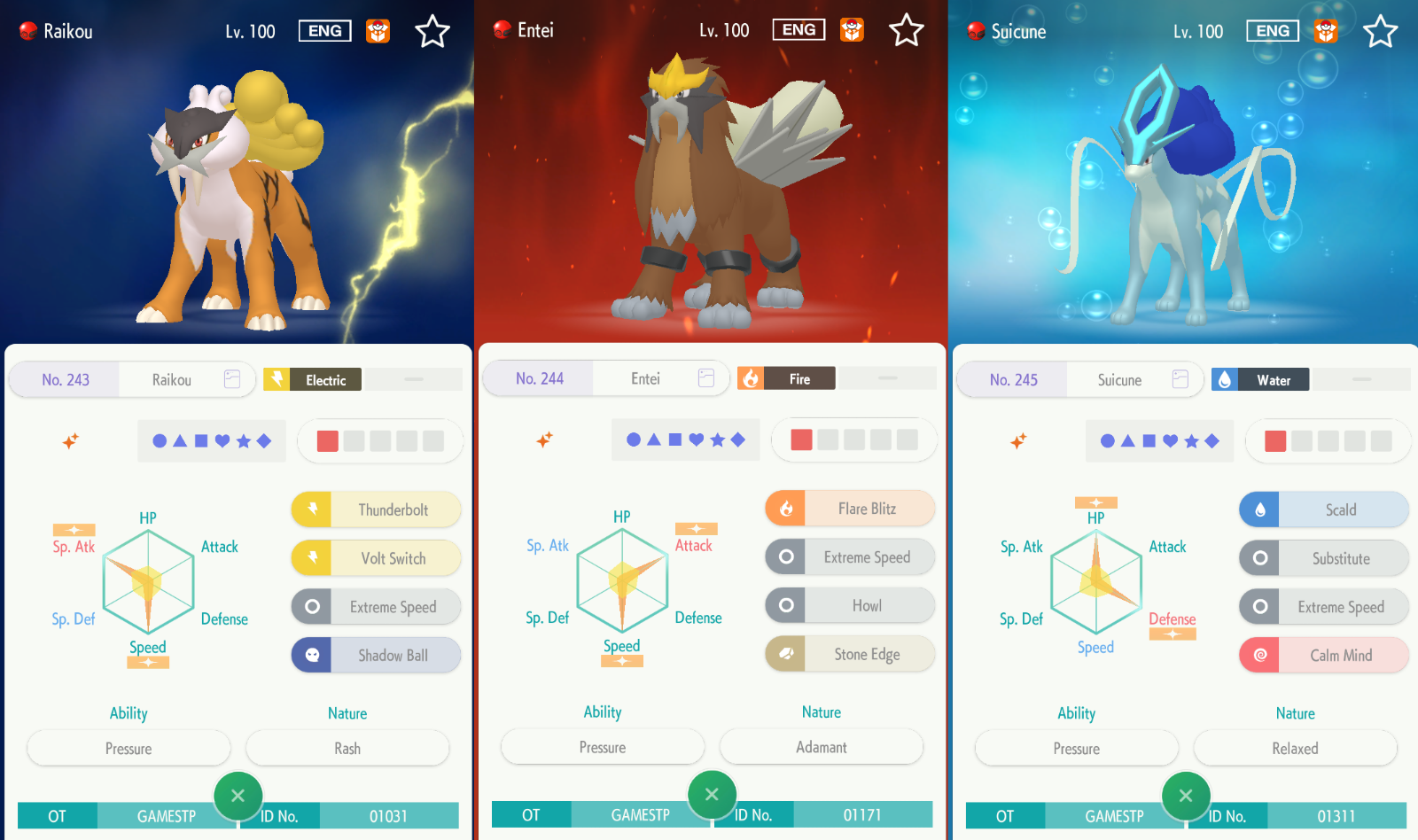 Shiny/non-shiny Raikou/entei/suicune Pack/bundle 6IV 